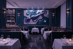 Chrome Reverie silver and teal biomorphic artwork in an upscale restaurant interior