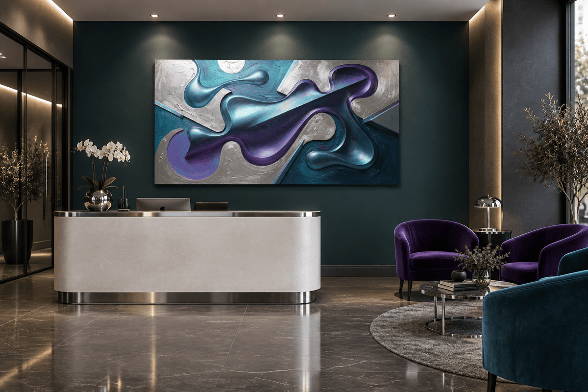 Chrome Reverie biomorphic abstract artwork with silver, teal, violet and dark diagonal forms in a clinic with reception and waiting room