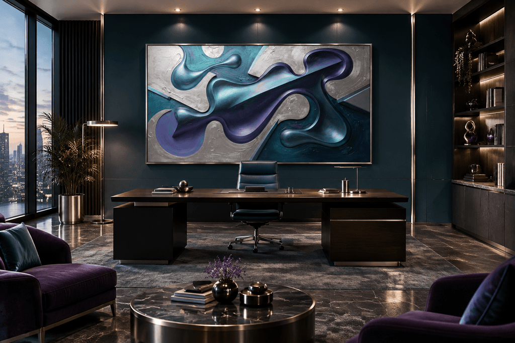 Chrome Reverie biomorphic abstract artwork with silver, teal, violet and dark diagonal forms in an exective office