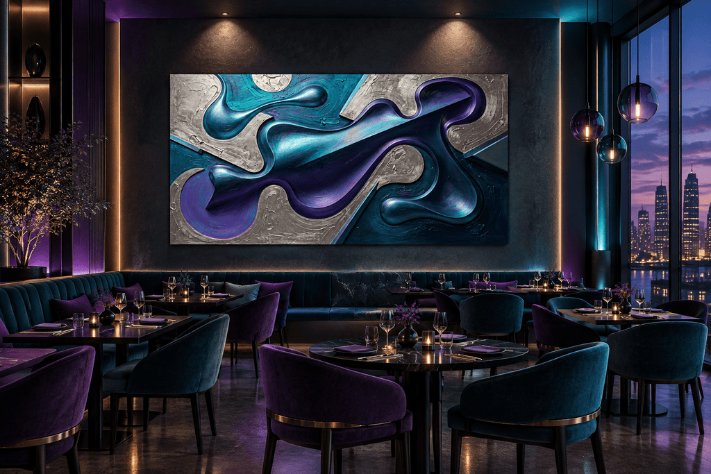 Chrome Reverie biomorphic abstract artwork with silver, teal, violet and dark diagonal forms in a modern restaurant