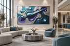 Chrome Reverie biomorphic abstract artwork with silver, teal, violet and dark diagonal forms in a luxury hotel lobby