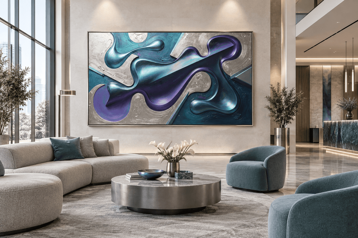 Chrome Reverie biomorphic abstract artwork with silver, teal, violet and dark diagonal forms in a luxury hotel lobby