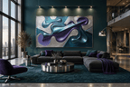 Chrome Reverie biomorphic abstract artwork with silver, teal, violet and dark diagonal forms in a modern luxury loft