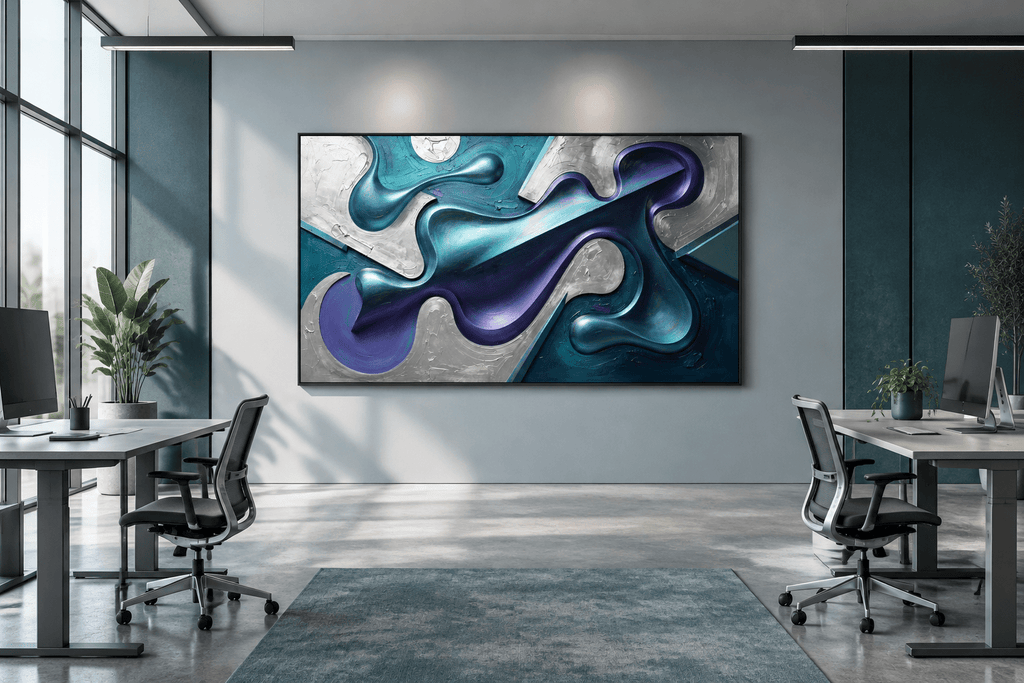 Chrome Reverie biomorphic abstract artwork with silver, teal, violet and dark diagonal forms in an open plan office