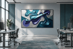 Chrome Reverie biomorphic abstract artwork with silver, teal, violet and dark diagonal forms in an open plan office