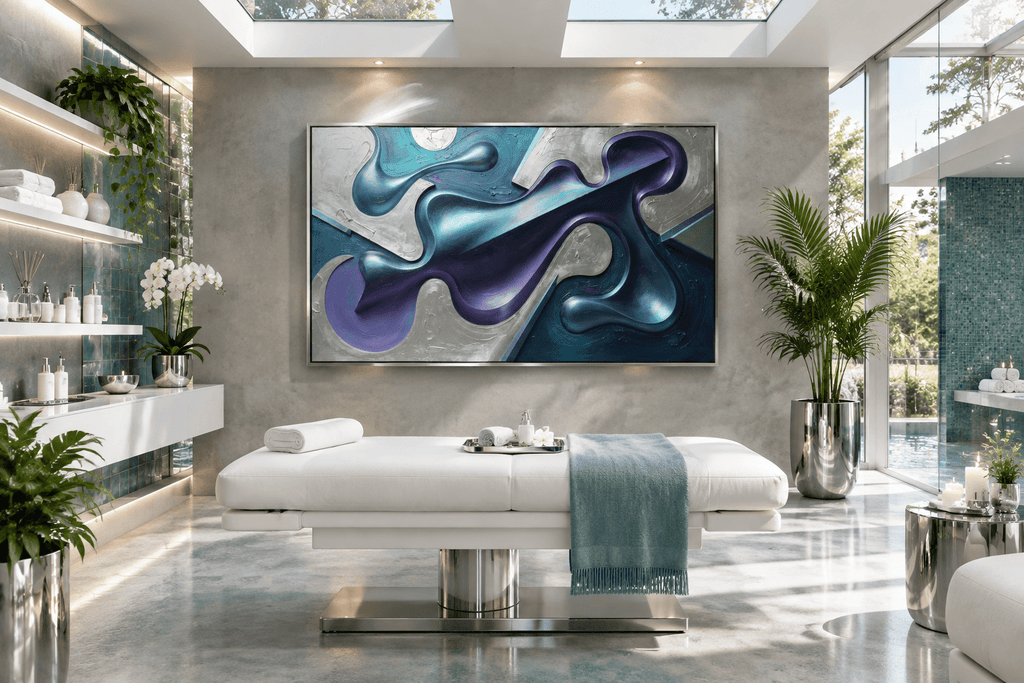 Chrome Reverie biomorphic abstract artwork with silver, teal, violet and dark diagonal forms in a wellness spa