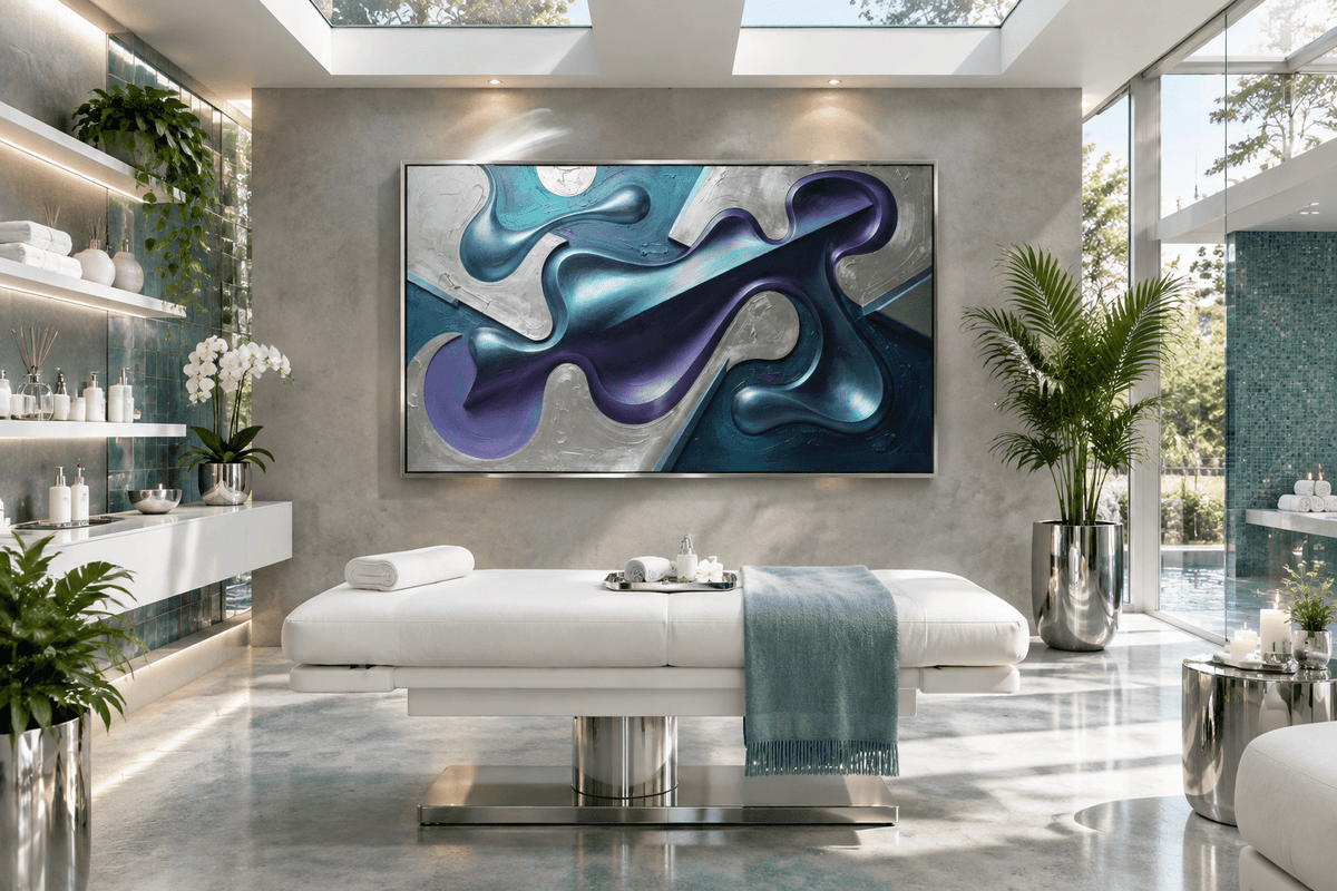 Chrome Reverie biomorphic abstract artwork with silver, teal, violet and dark diagonal forms in a wellness spa