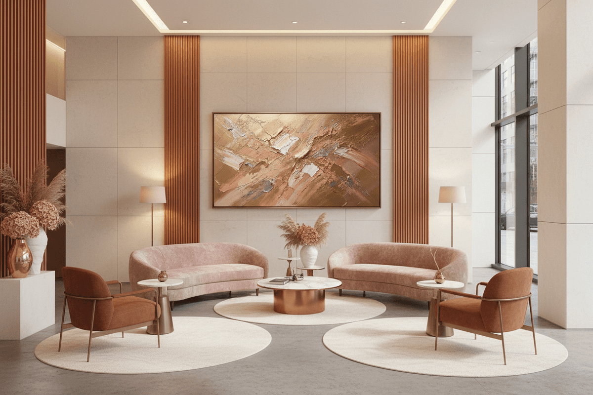 Copper Surge warm copper textural abstraction in a luxury hotel lobby