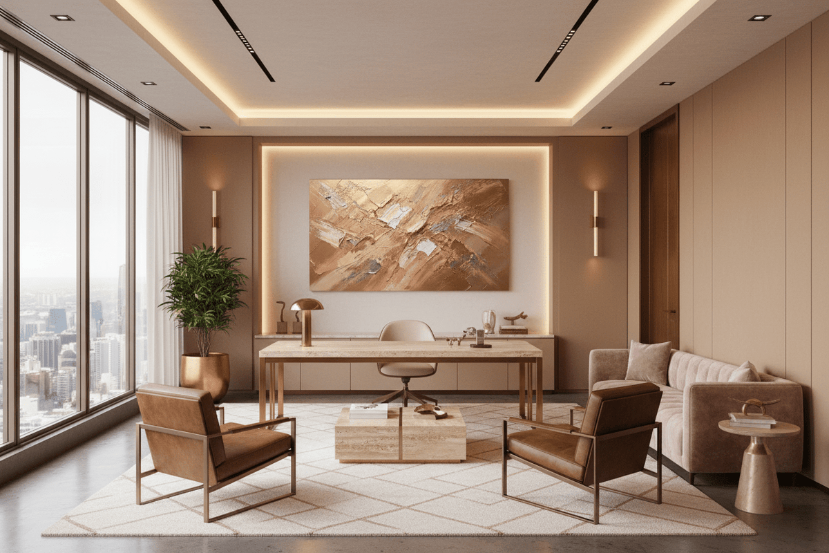 Copper Surge copper and rose gold artwork in a modern executive office