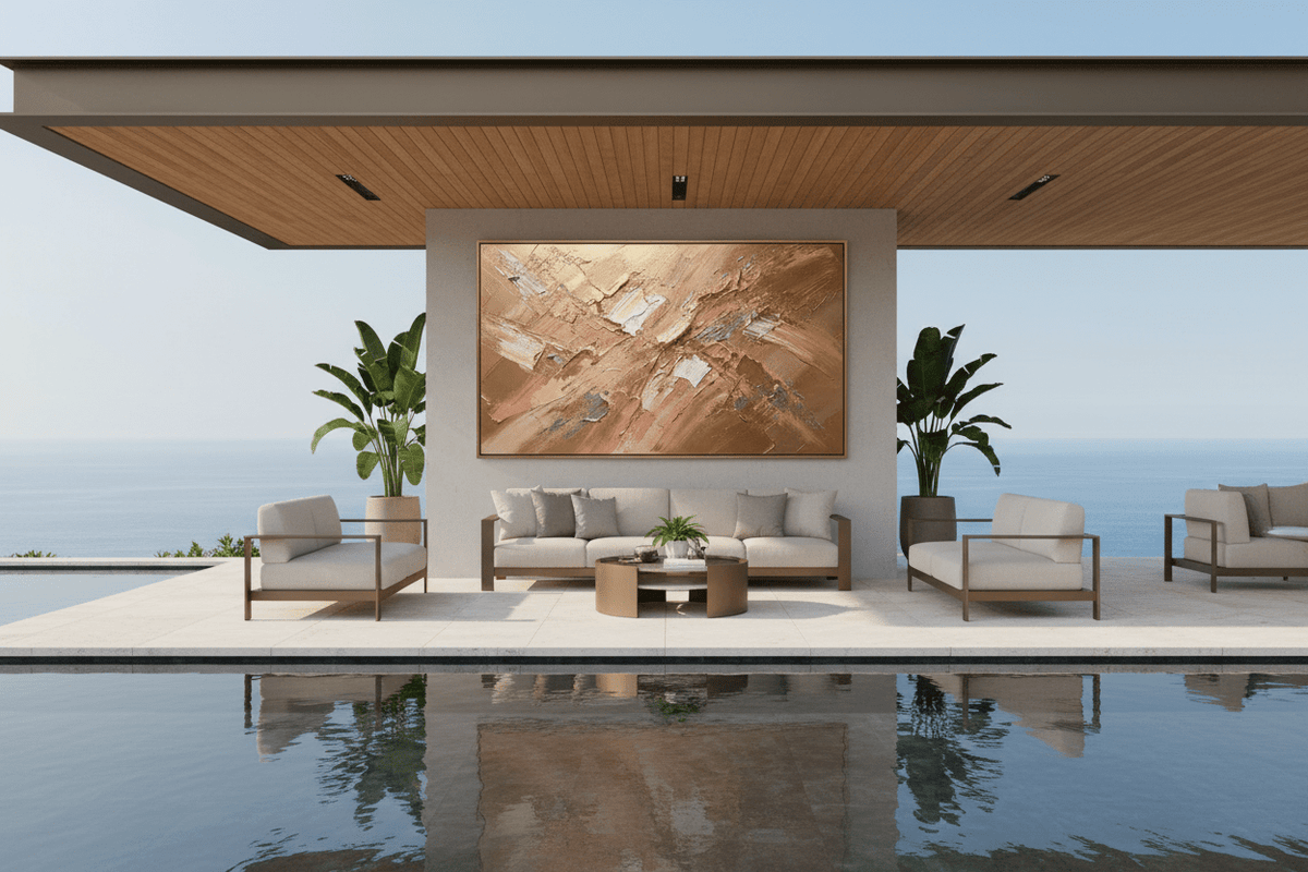 Copper Surge copper and amber artwork in an outdoor pool lounge