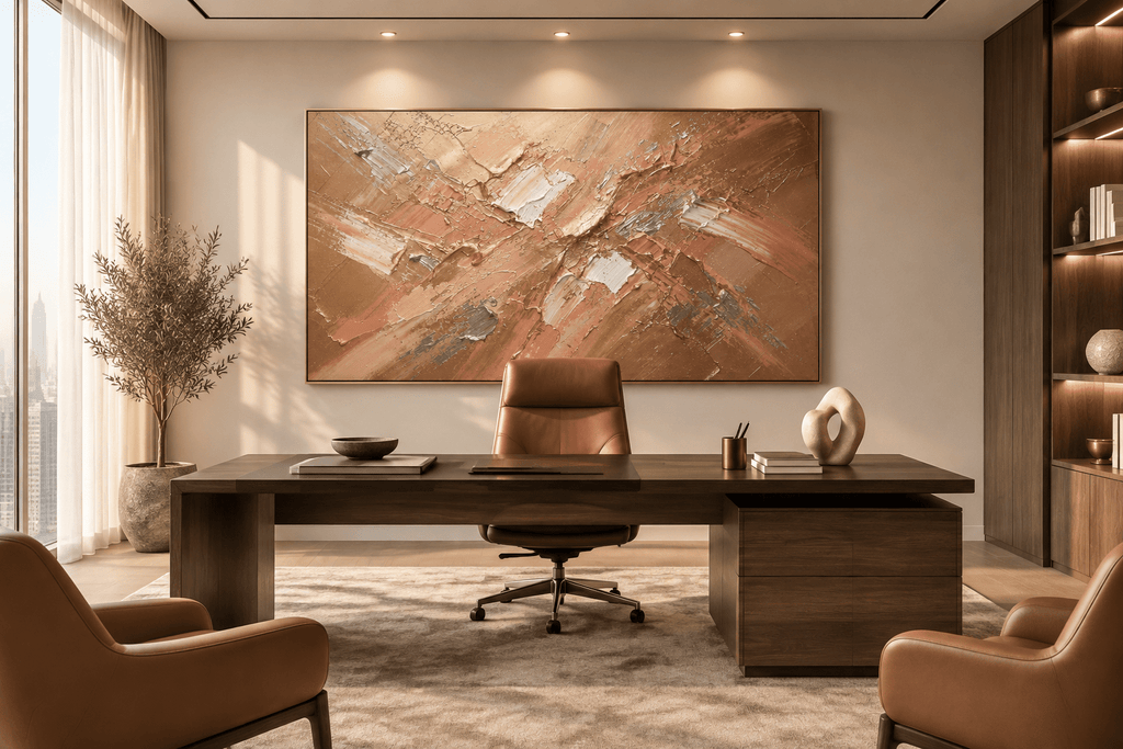 Copper Surge textural abstraction with pale copper, rose gold, amber and white ridges in an executive office