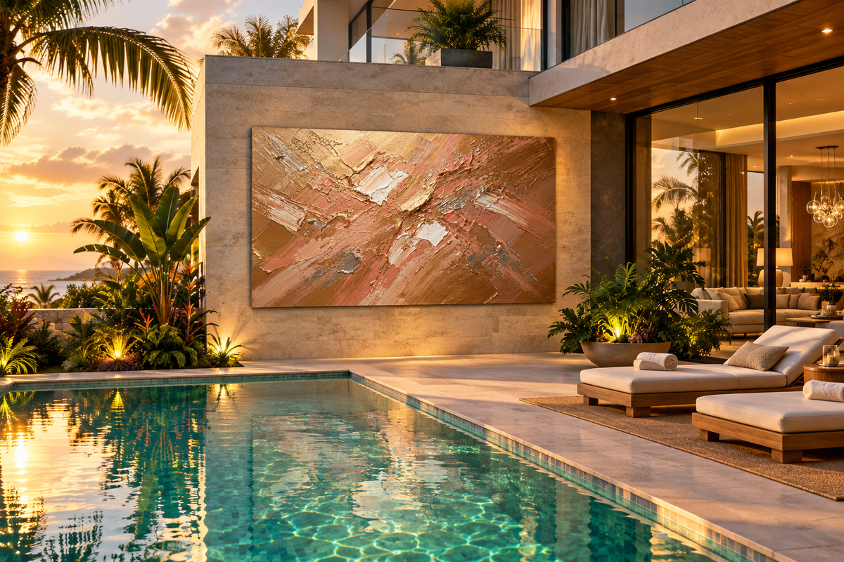 Copper Surge textural abstraction with pale copper, rose gold, amber and white ridges in an outside pool area