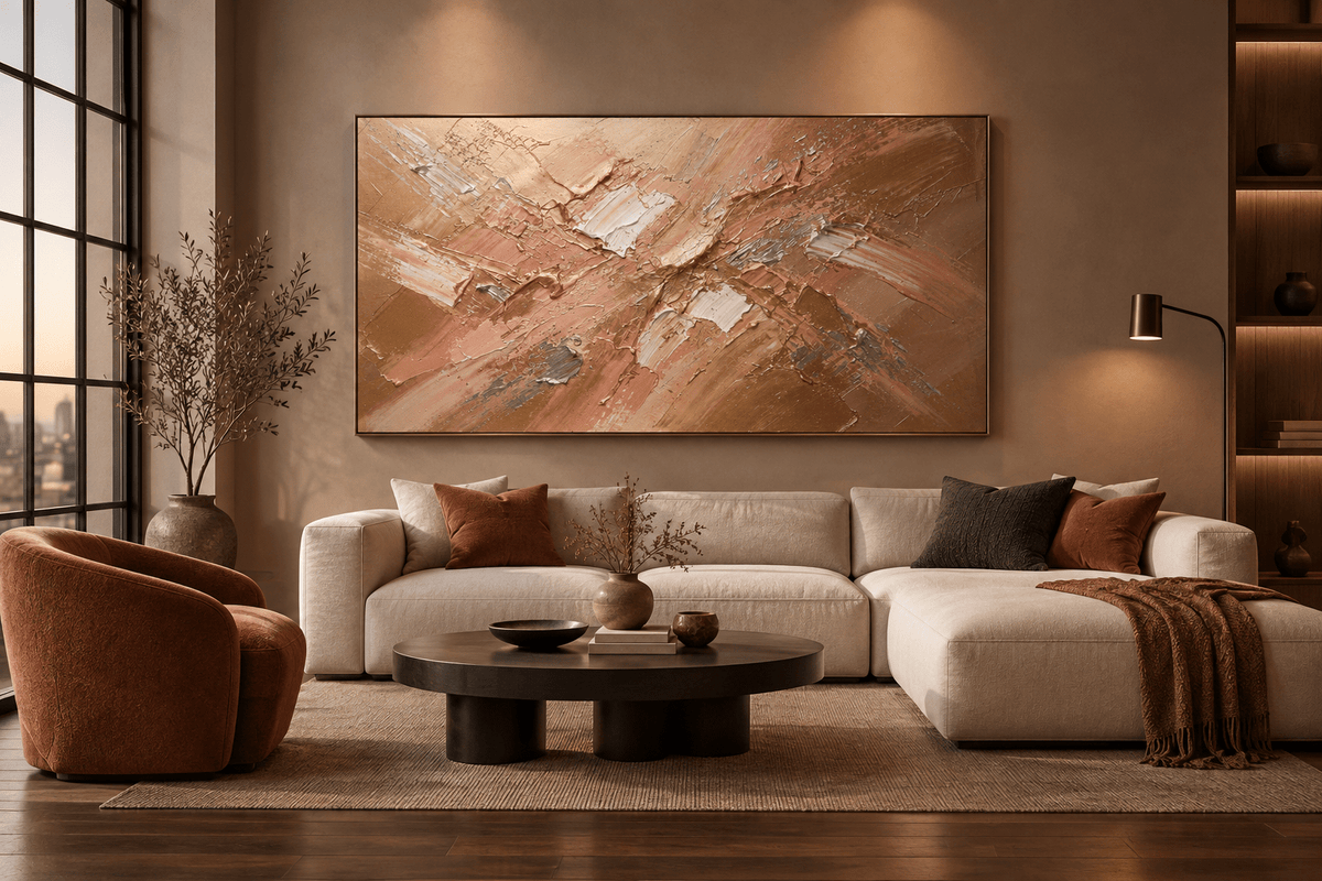 Copper Surge textural abstraction with pale copper, rose gold, amber and white ridges in a luxury loft