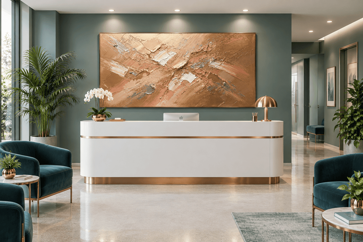 Copper Surge textural abstraction with pale copper, rose gold, amber and white ridges in a clinic with reception and waiting area