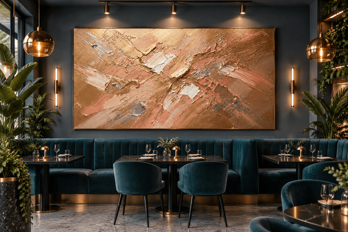 Copper Surge textural abstraction with pale copper, rose gold, amber and white ridges in a modern restaurant