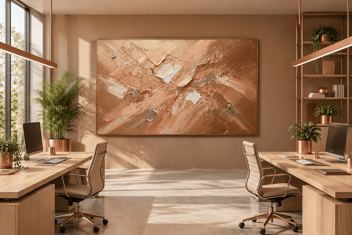 Copper Surge textural abstraction with pale copper, rose gold, amber and white ridges in an open plan office