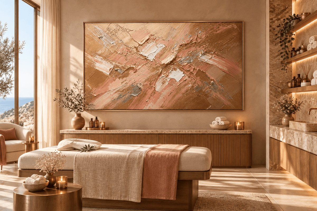 Copper Surge textural abstraction with pale copper, rose gold, amber and white ridges in a wellness spa