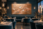 Copper Surge textural abstraction with pale copper, rose gold, amber and white ridges in a stylish modern restaurant