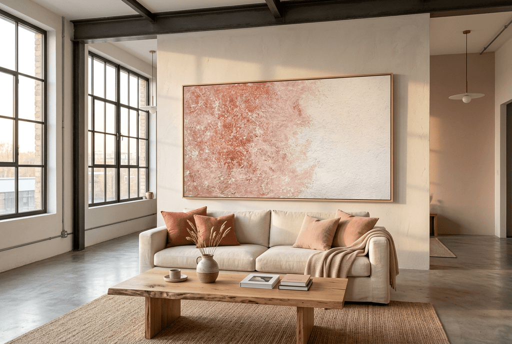 Coral Exposure abstract artwork with layered terracotta and coral pigment concentrated on the left, fading through blush into a broad chalk-white plaster-like field on the right in a modern industrial loft