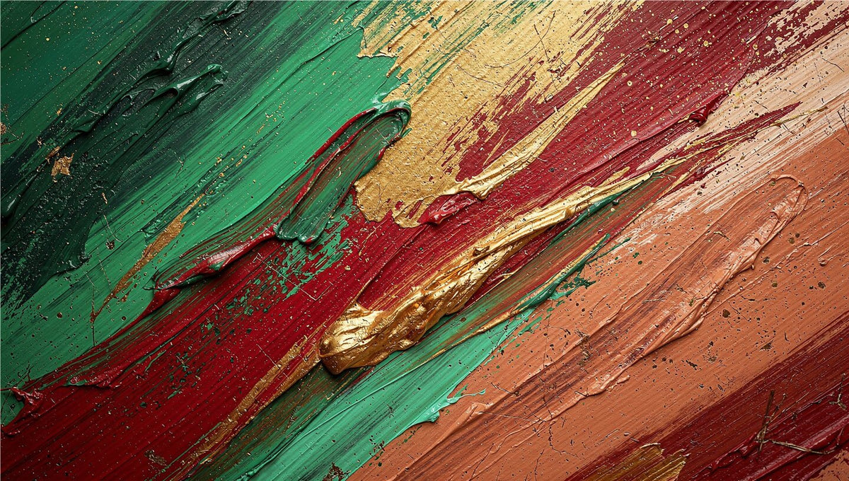 Crimson Terrain impasto abstraction with carmine, forest green, terracotta and raw gold diagonals