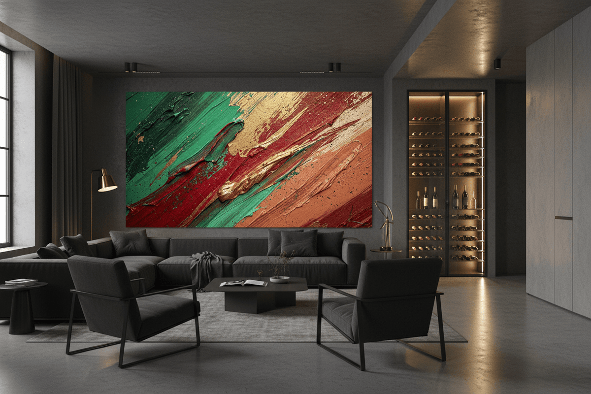 Crimson Terrain crimson impasto artwork in a modern industrial loft