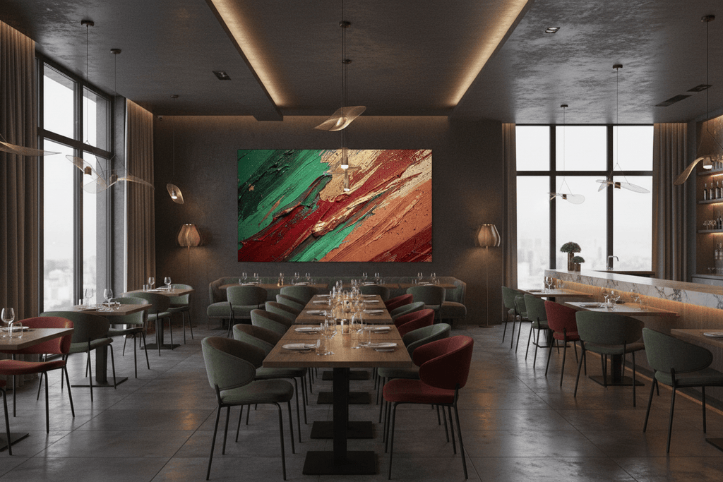 Crimson Terrain crimson and forest green artwork in an upscale restaurant