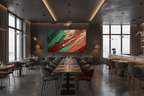 Crimson Terrain crimson and forest green artwork in an upscale restaurant