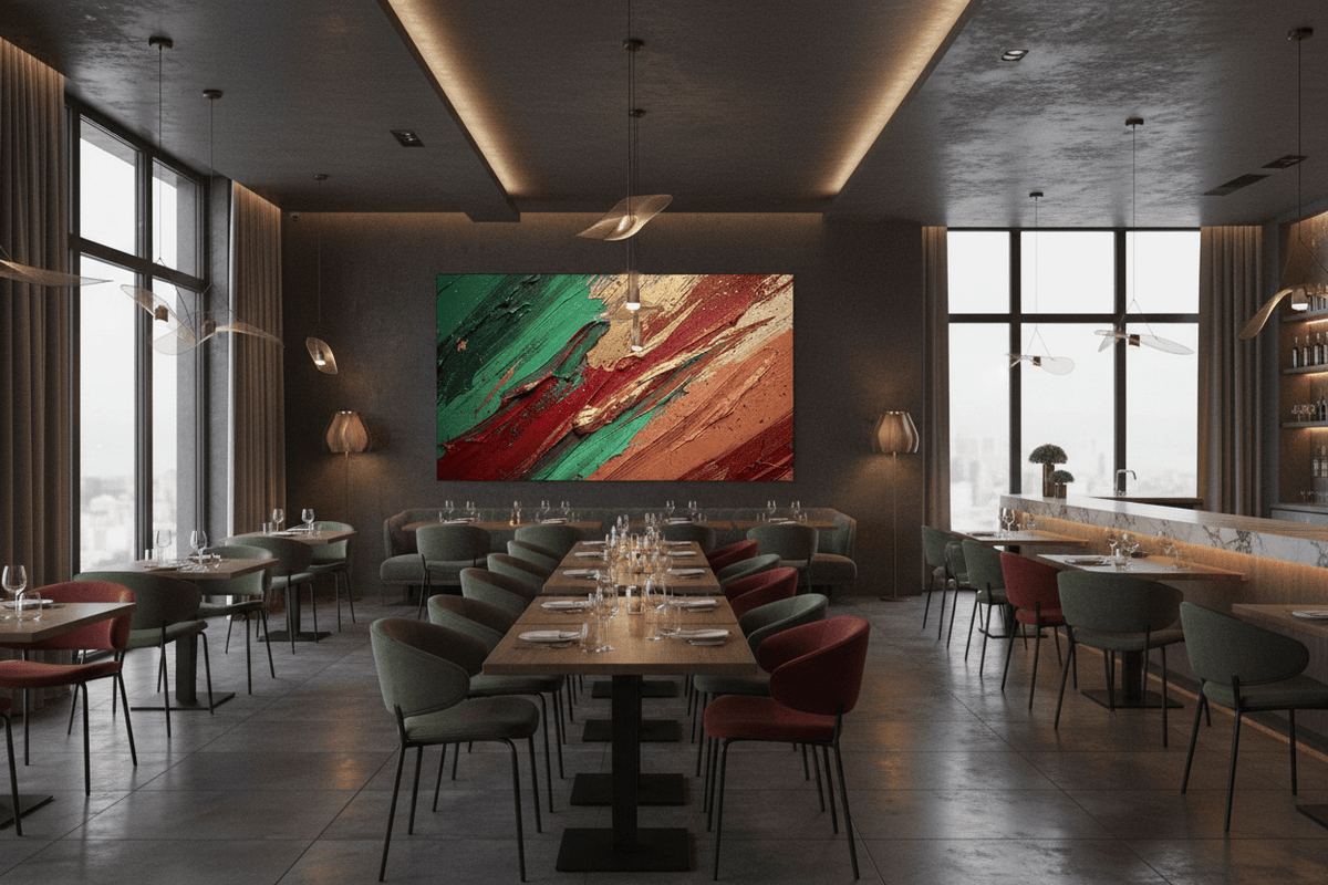 Crimson Terrain crimson and forest green artwork in an upscale restaurant