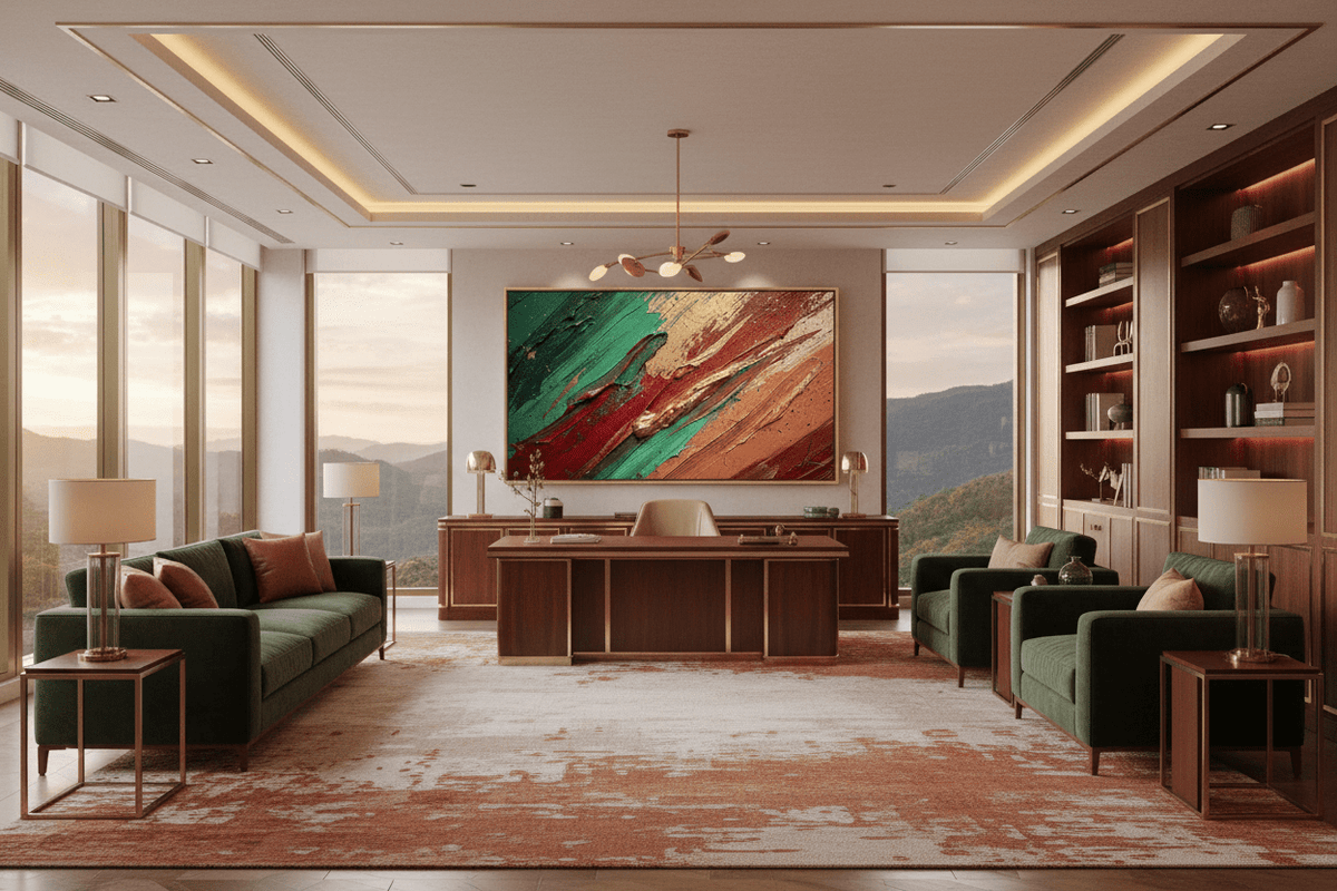 Crimson Terrain crimson and green artwork in a warm modern executive office