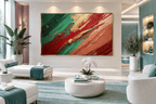 Crimson Terrain impasto abstraction with carmine, forest green, terracotta and raw gold diagonals in a modern wellness spa