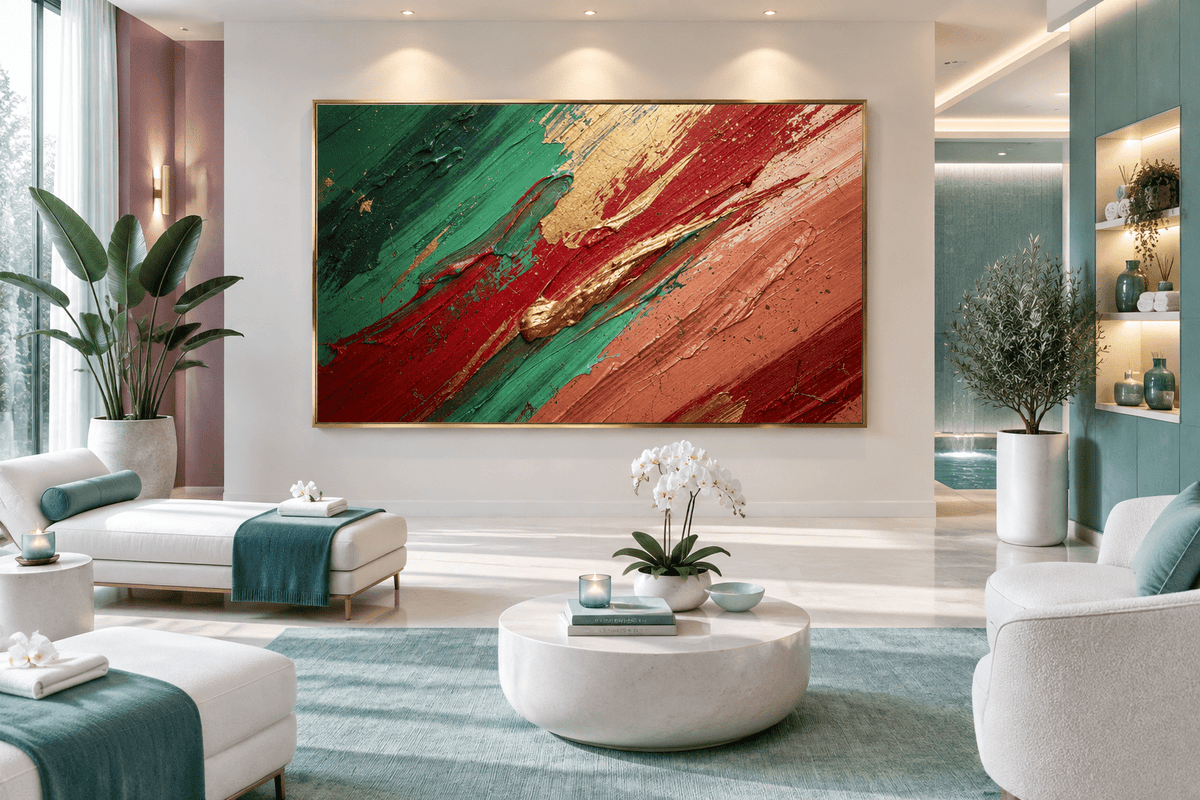 Crimson Terrain impasto abstraction with carmine, forest green, terracotta and raw gold diagonals in a modern wellness spa