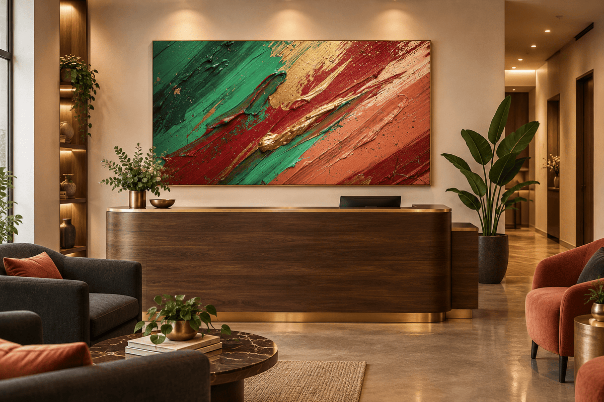Crimson Terrain impasto abstraction with carmine, forest green, terracotta and raw gold diagonals in private clinic with reception and waiting area