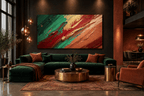 Crimson Terrain impasto abstraction with carmine, forest green, terracotta and raw gold diagonals in a modern loft