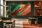 Crimson Terrain impasto abstraction with carmine, forest green, terracotta and raw gold diagonals in an open plan office