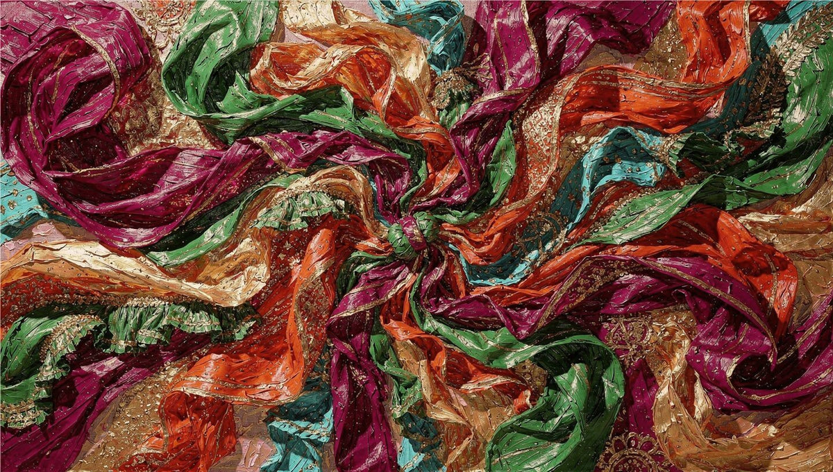 Crimson Vortex textural abstraction with magenta, orange, green and gold spirals