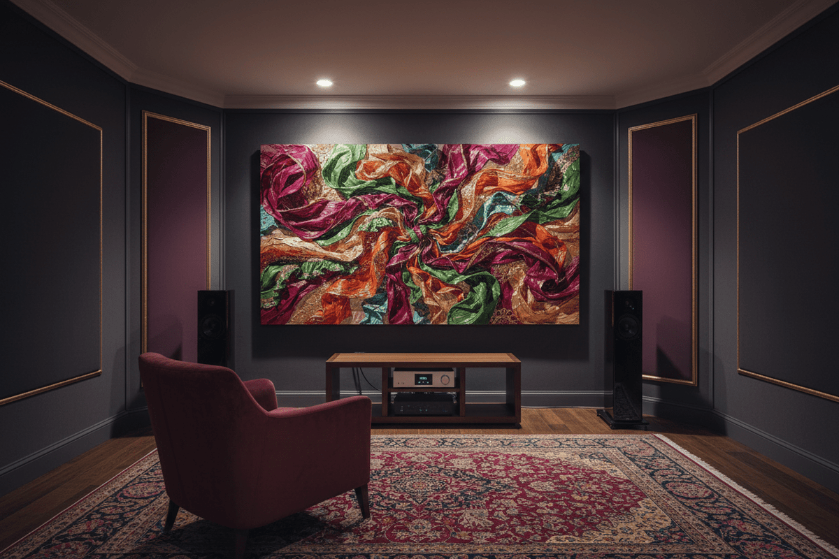 Crimson Vortex magenta vortex artwork in a high-end HiFi listening room