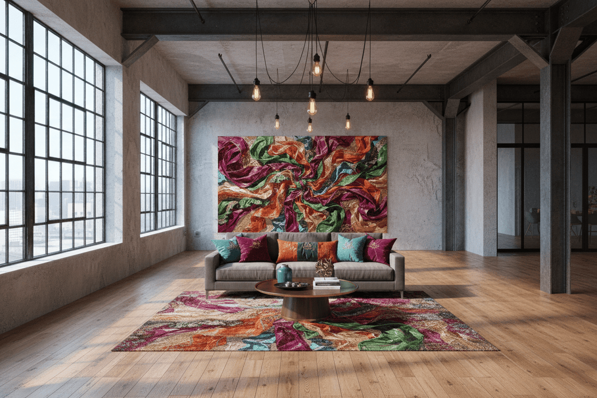Crimson Vortex magenta and orange artwork in a modern industrial loft