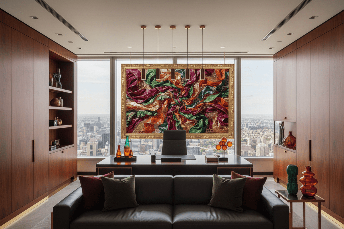 Crimson Vortex vortex-like abstraction in a modern executive office