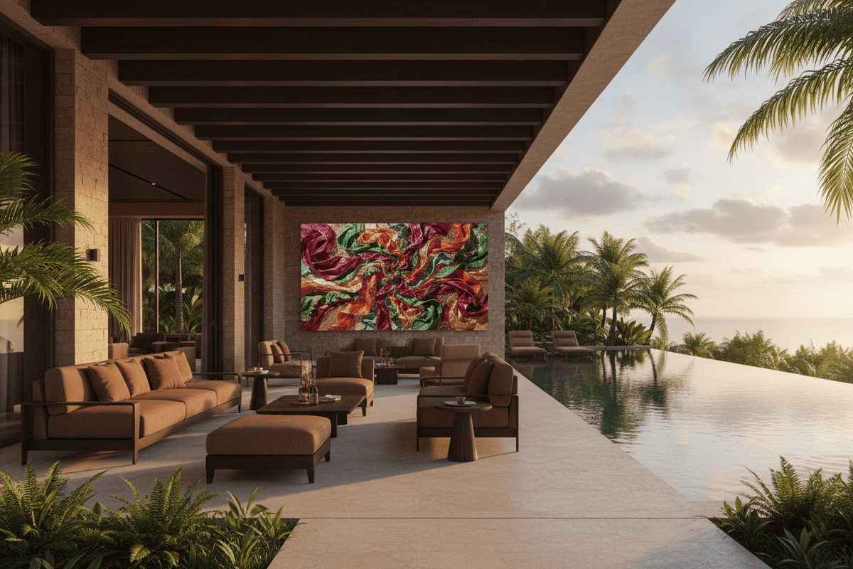 Crimson Vortex magenta and green abstract artwork in a pool lounge