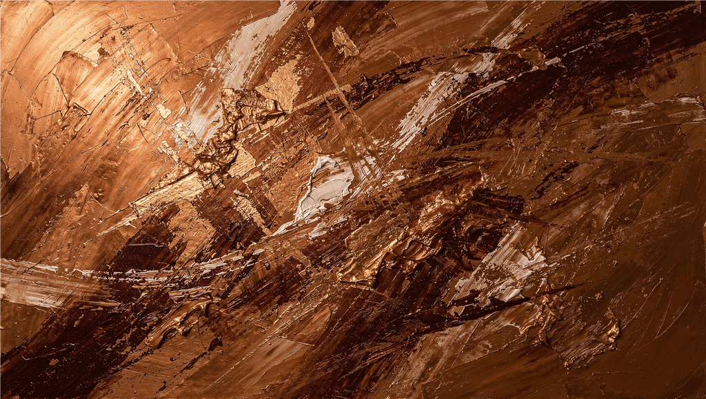 Dark Ember gestural textural abstraction with dark brown, copper and fractured gold