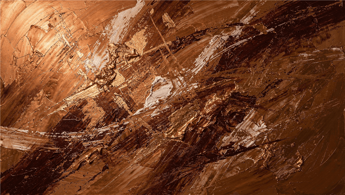 Dark Ember gestural textural abstraction with dark brown, copper and fractured gold