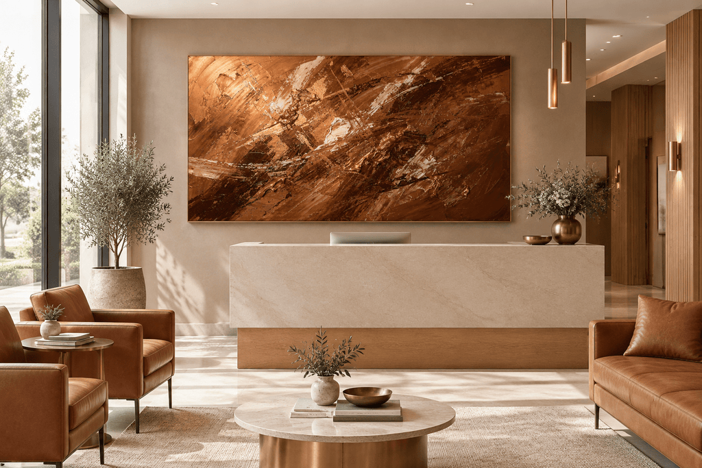 Dark Ember gestural textural abstraction with dark brown, copper and fractured gold in a private clinic with reception and waiting area