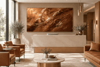 Dark Ember gestural textural abstraction with dark brown, copper and fractured gold in a private clinic with reception and waiting area