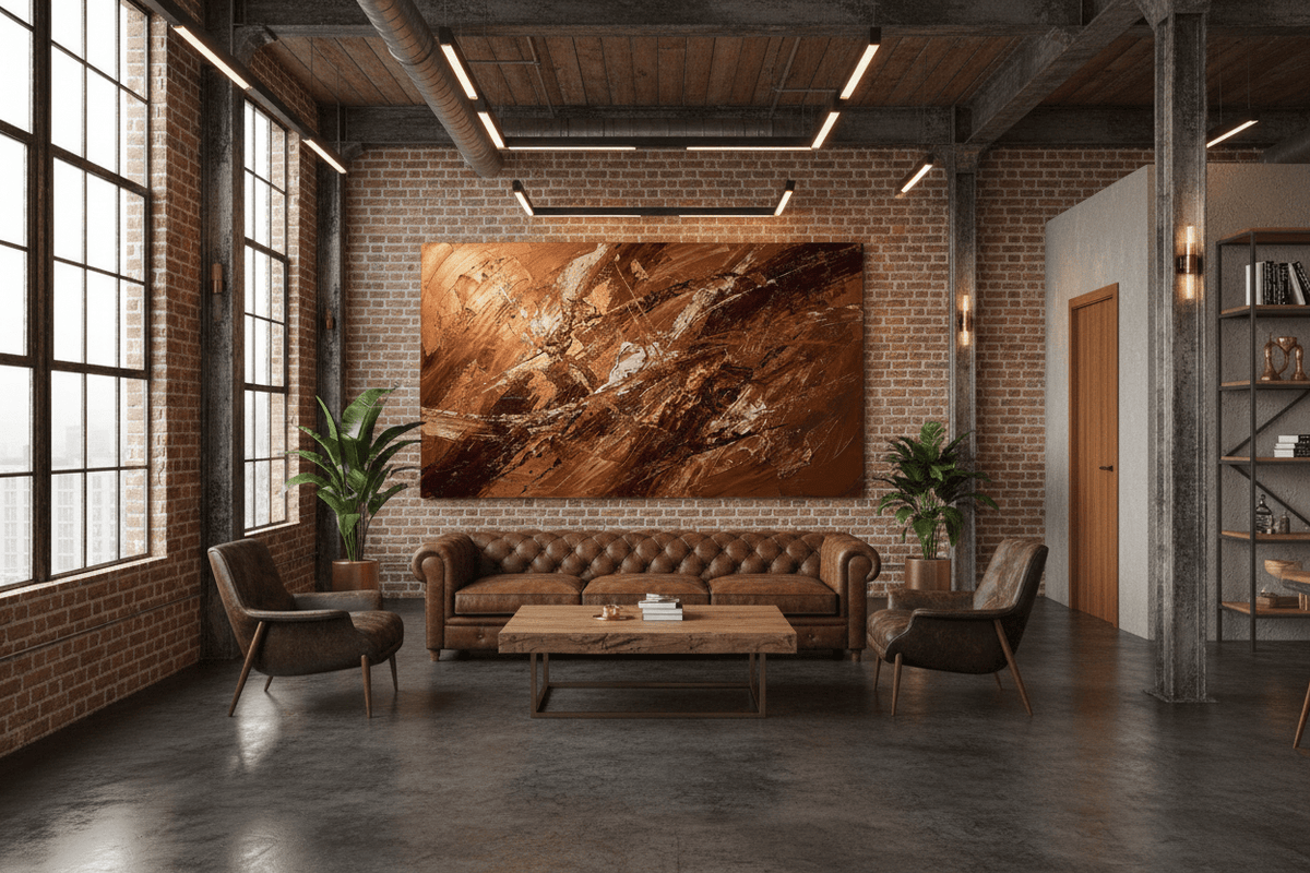 Dark Ember dark copper textural artwork in a modern industrial loft