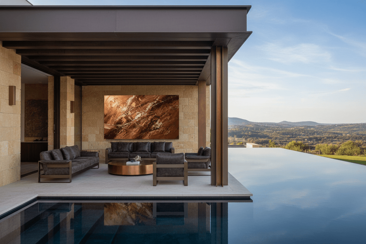Dark Ember copper and near-black artwork in an outdoor pool lounge