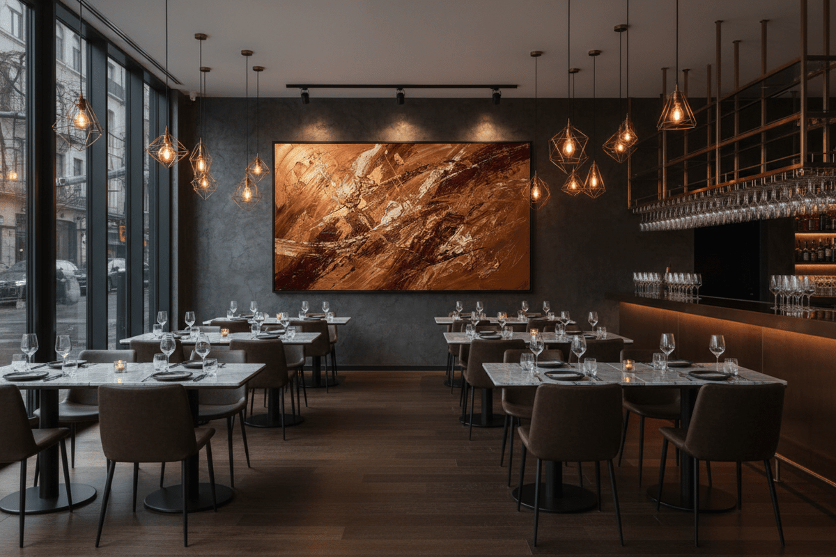 Dark Ember brown and gold gestural abstraction in an upscale restaurant