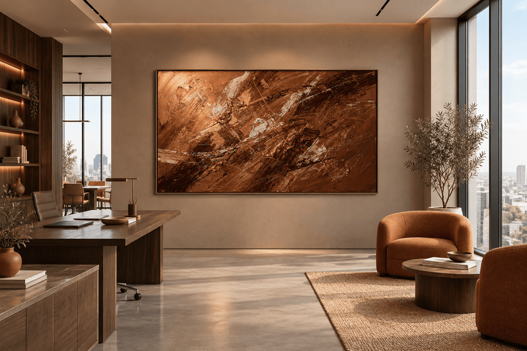 Dark Ember gestural textural abstraction with dark brown, copper and fractured gold in an open-plan office
