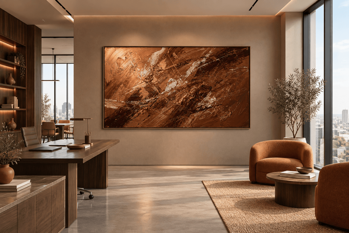 Dark Ember gestural textural abstraction with dark brown, copper and fractured gold in an open-plan office