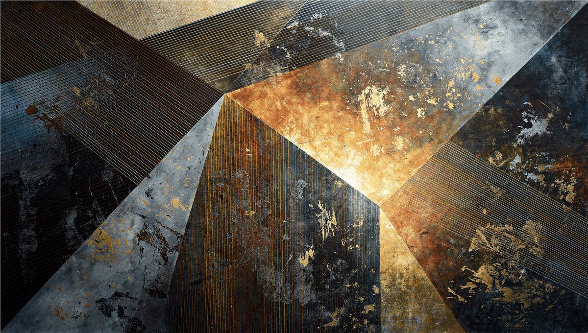 Dark Matter abstract geometric artwork with charcoal, deep teal, steel grey and amber planes