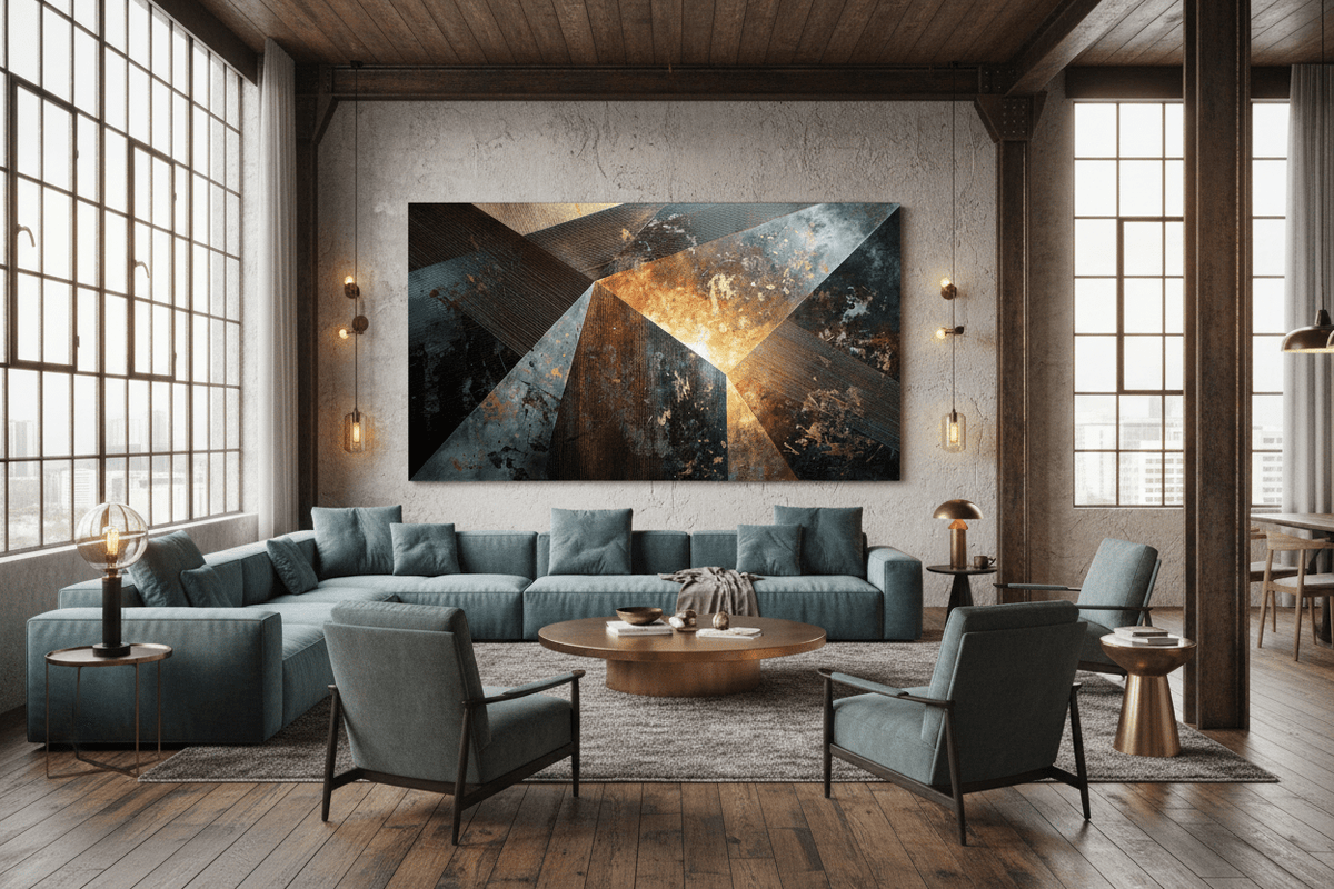 Dark Matter abstract geometric artwork with dark line fields in a modern industrial loft
